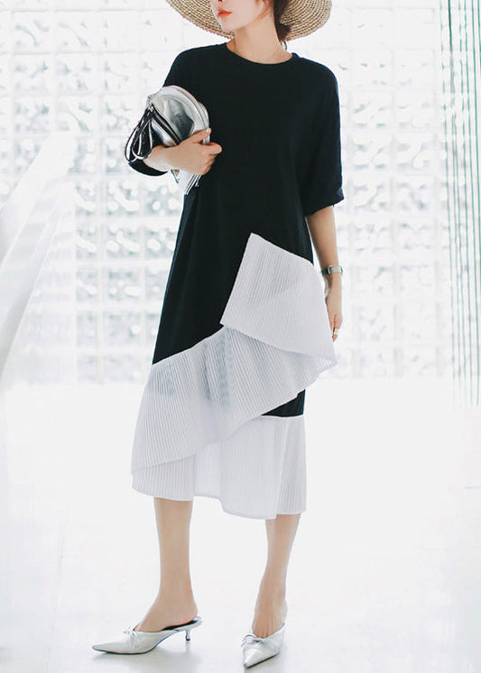 Natürliche schwarze Baumwolle Long Shirts Süßigkeiten Fotografie Patchwork asymmetrische tägliche Sommerkleid