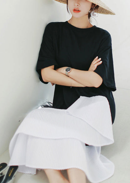 Natürliche schwarze Baumwolle Long Shirts Süßigkeiten Fotografie Patchwork asymmetrische tägliche Sommerkleid