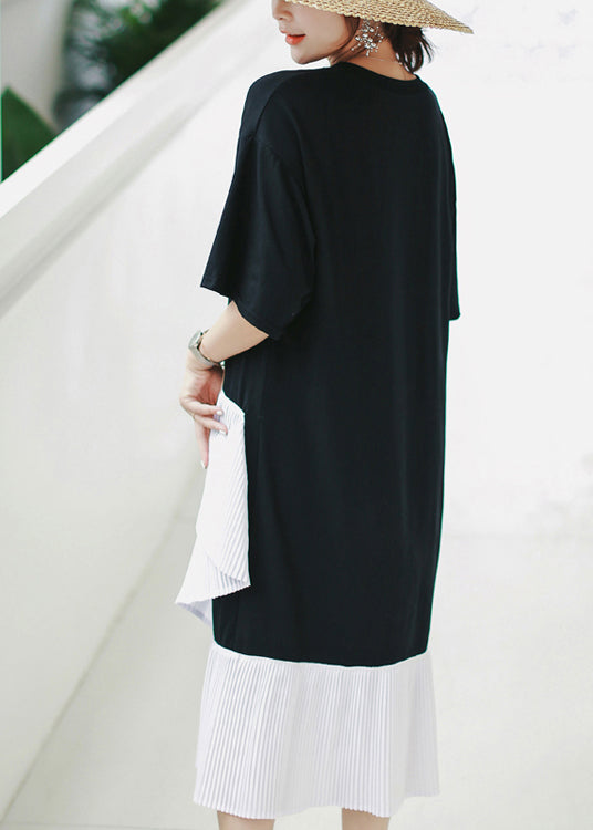 Natürliche schwarze Baumwolle Long Shirts Süßigkeiten Fotografie Patchwork asymmetrische tägliche Sommerkleid