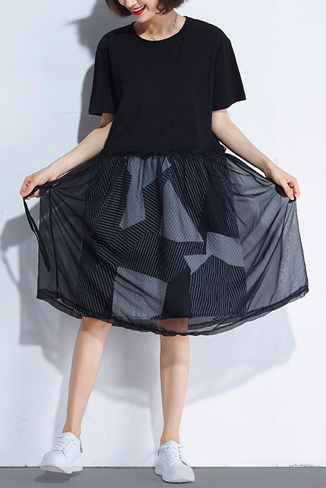 Natürliche schwarze Baumwolle Tunika Korea design o neck falsche zwei stücke sommer Kleid