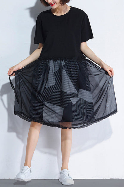 Natürliche schwarze Baumwolle Tunika Korea design o neck falsche zwei stücke sommer Kleid