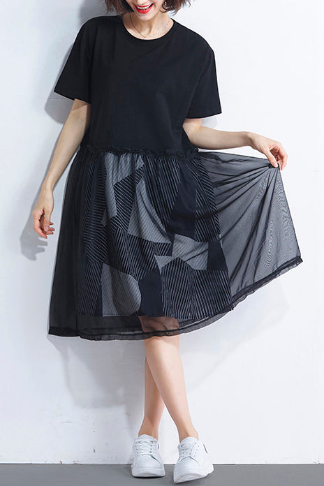Natürliche schwarze Baumwolle Tunika Korea design o neck falsche zwei stücke sommer Kleid