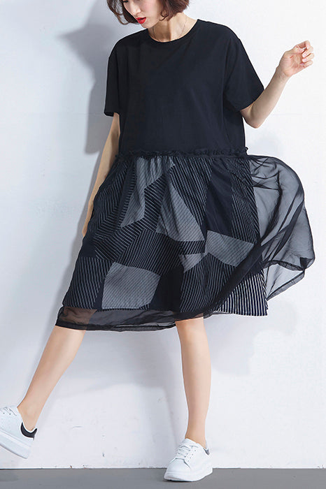 Natürliche schwarze Baumwolle Tunika Korea design o neck falsche zwei stücke sommer Kleid