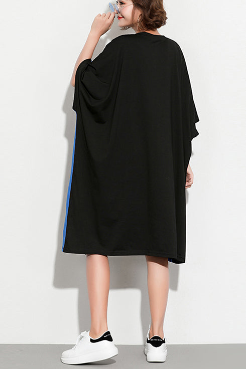 Natürliche schwarze Baumwollkleidung Vintage Form O-Ausschnitt Fledermausärmel Knielanges Sommerkleid