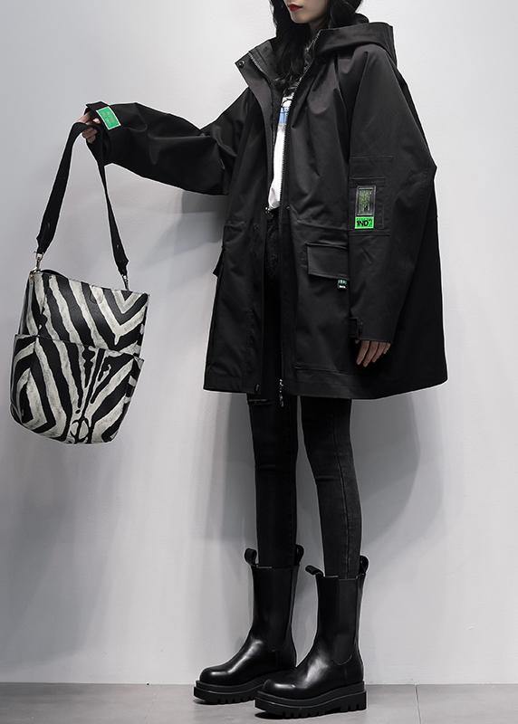 Natural black Plus Size tunic coat Work hooded Cinched  women coats - SooLinen