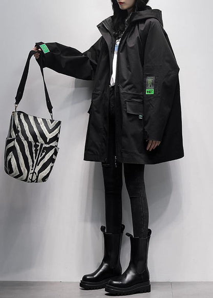 Natural black Plus Size tunic coat Work hooded Cinched  women coats - SooLinen