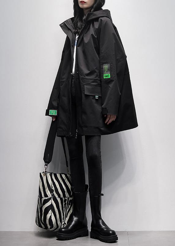 Natural black Plus Size tunic coat Work hooded Cinched  women coats - SooLinen