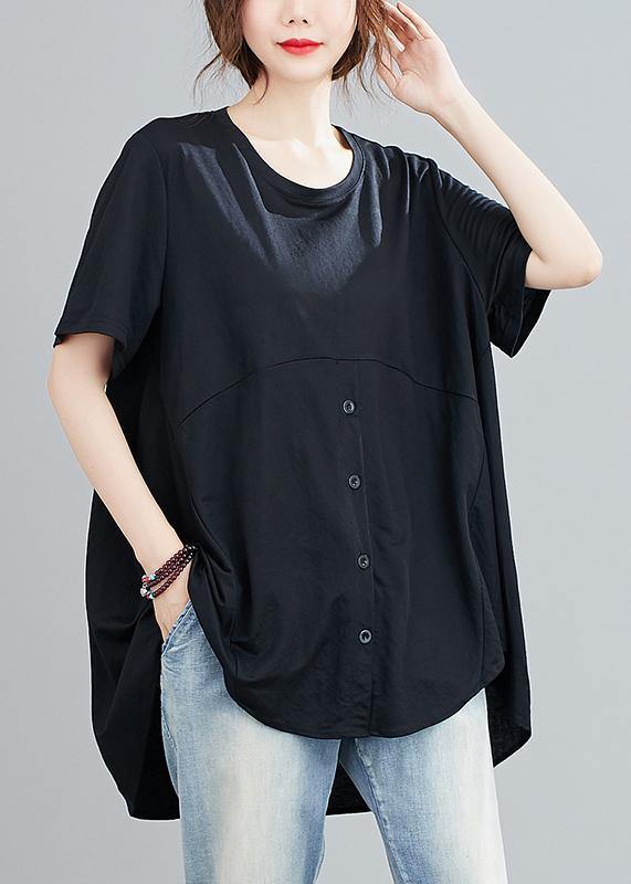 Natural black clothes For Women o neck asymmetric Knee shirts - SooLinen