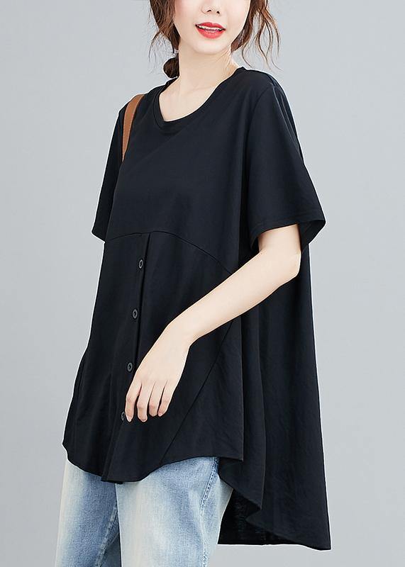 Natural black clothes For Women o neck asymmetric Knee shirts - SooLinen