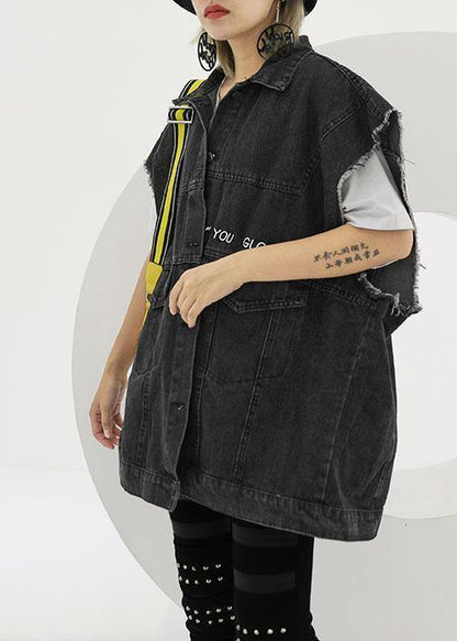 Natural black cotton clothes For Women short sleeve loose fall denim blouse - SooLinen