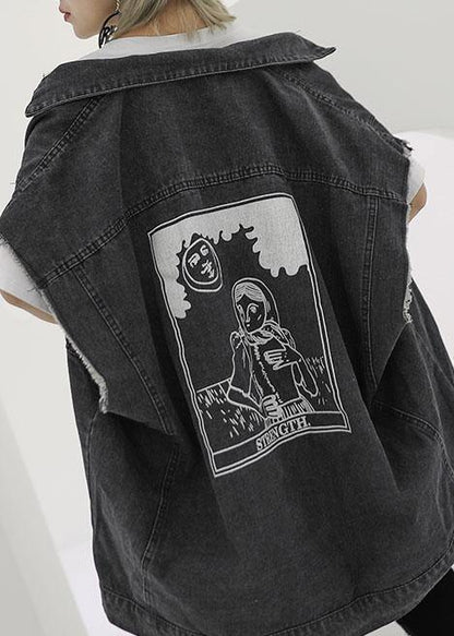 Natural black cotton clothes For Women short sleeve loose fall denim blouse - SooLinen