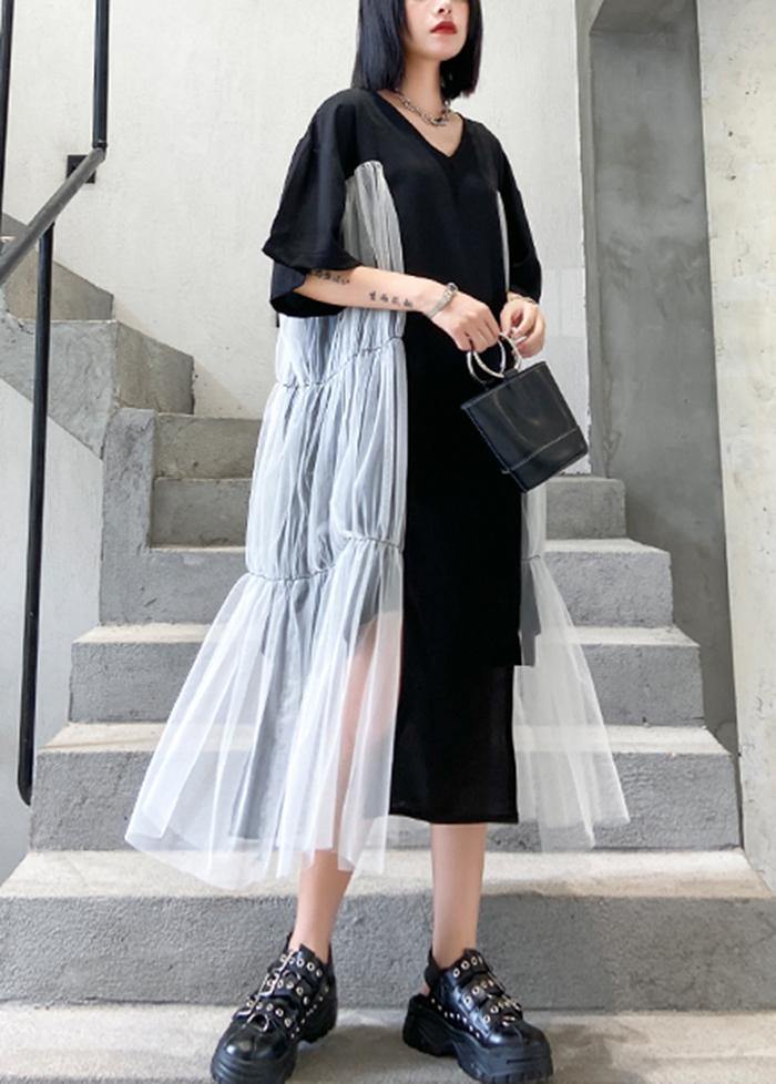 Natural black cotton quilting clothes o neck patchwork tulle Robe summer Dresses - SooLinen