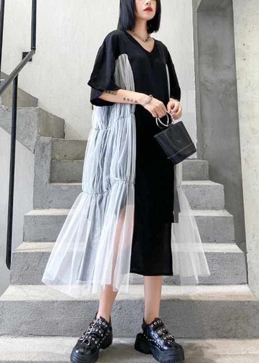 Natural black cotton quilting clothes o neck patchwork tulle Robe summer Dresses - SooLinen