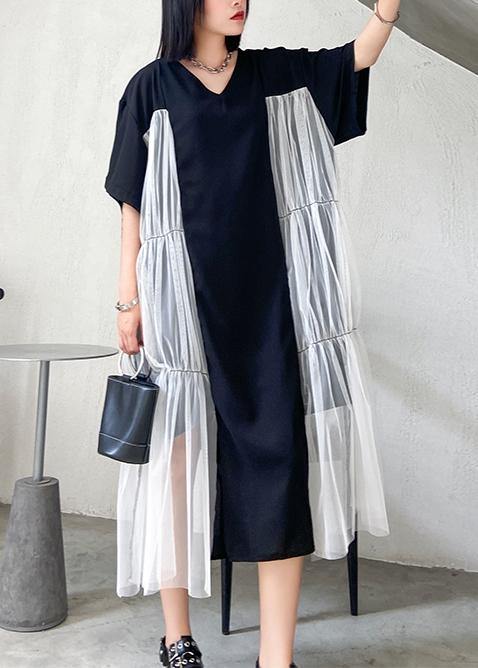 Natural black cotton quilting clothes o neck patchwork tulle Robe summer Dresses - SooLinen