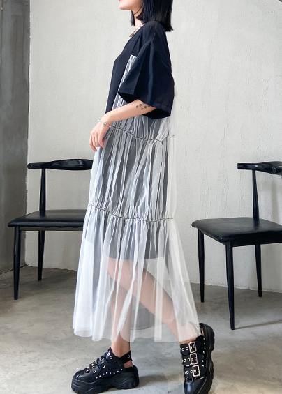 Natural black cotton quilting clothes o neck patchwork tulle Robe summer Dresses - SooLinen