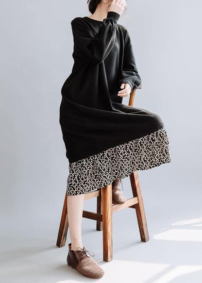 Natural black dresses o neck asymmetric false two pieces Dresses fall Dress - SooLinen