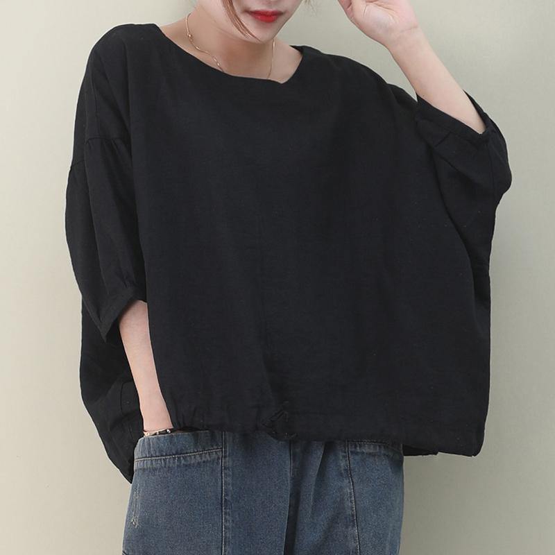 Natural black linen linen women blouses o neck lantern sleeve oversized blouse - SooLinen