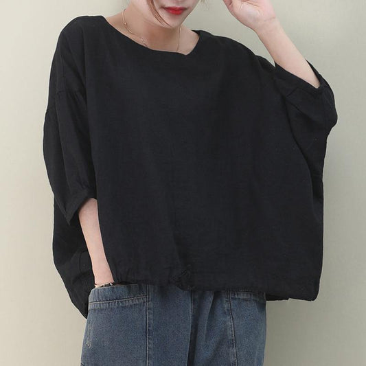 Natural black linen linen women blouses o neck lantern sleeve oversized blouse - SooLinen