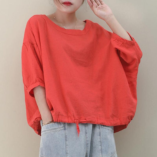 Natural black linen linen women blouses o neck lantern sleeve oversized blouse - SooLinen