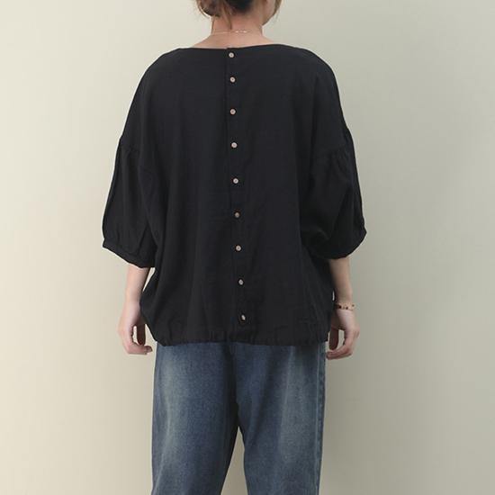 Natural black linen linen women blouses o neck lantern sleeve oversized blouse - SooLinen