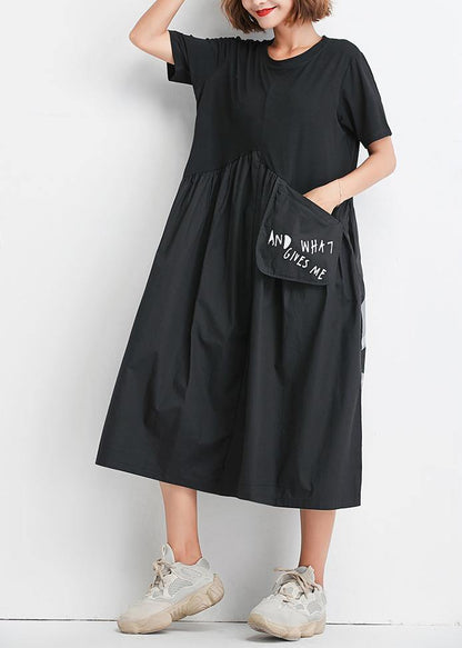 Natural black patchwork Cotton clothes Women big pockets oversized summer Dress - SooLinen