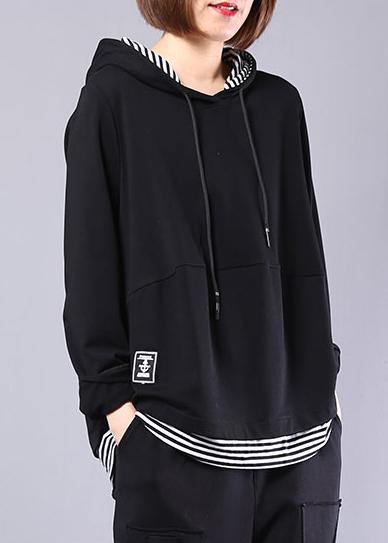 Natural black patchwork cotton clothes hooded false two pieces daily autumn tops - SooLinen