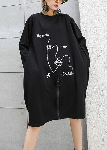 Natural black prints Cotton tunic dress zippered Dresses fall Dresses - SooLinen