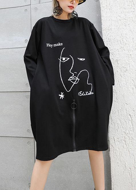 Natural black prints Cotton tunic dress zippered Dresses fall Dresses - SooLinen