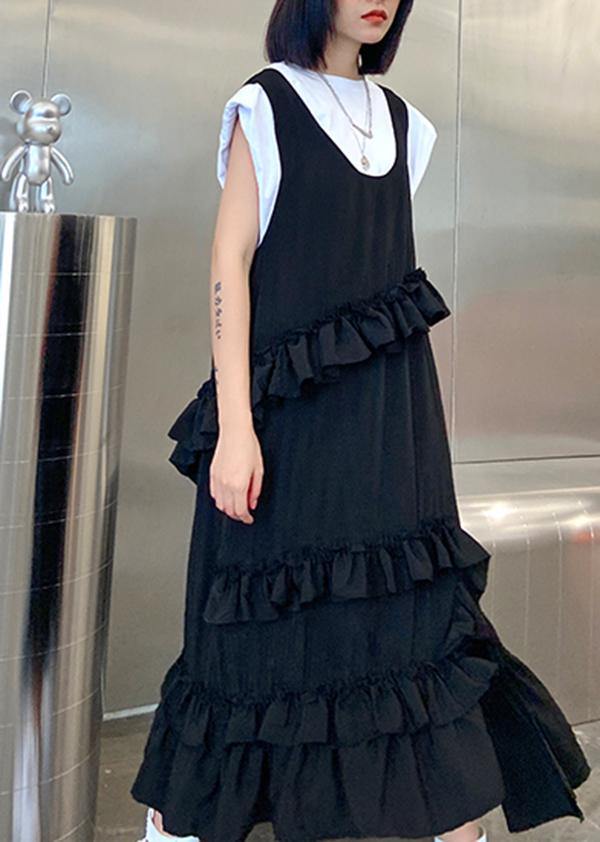 Natural black sleeveless cotton quilting dresses ruffles Art summer side open Dress - SooLinen