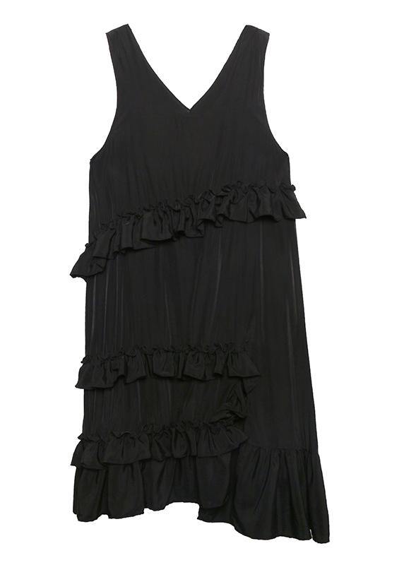 Natural black sleeveless cotton quilting dresses ruffles Art summer side open Dress - SooLinen