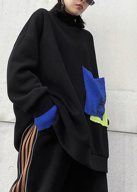 Natural black tunic top Neckline o neck patchwork tops - SooLinen