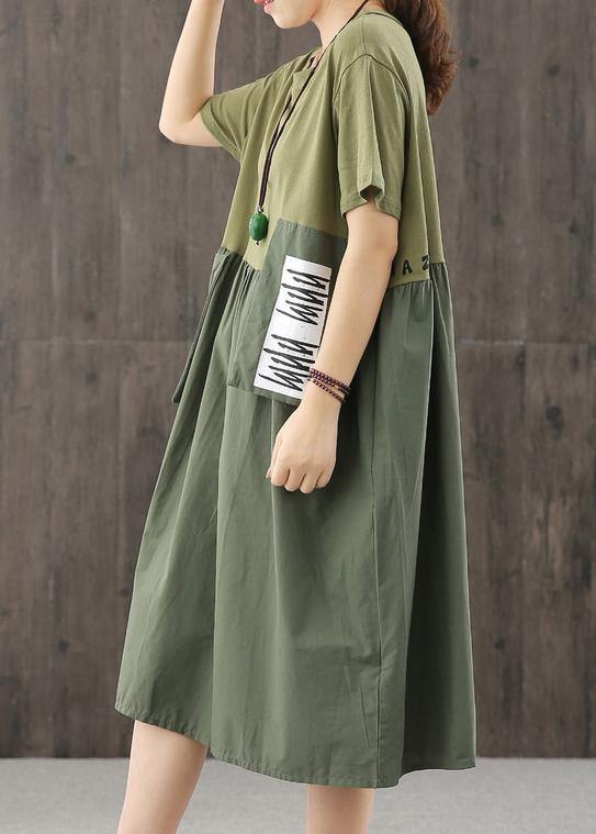 Natural blackish green dress o neck patchwork Dress - SooLinen