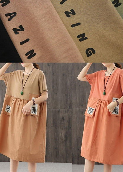 Natural blackish green dress o neck patchwork Dress - SooLinen