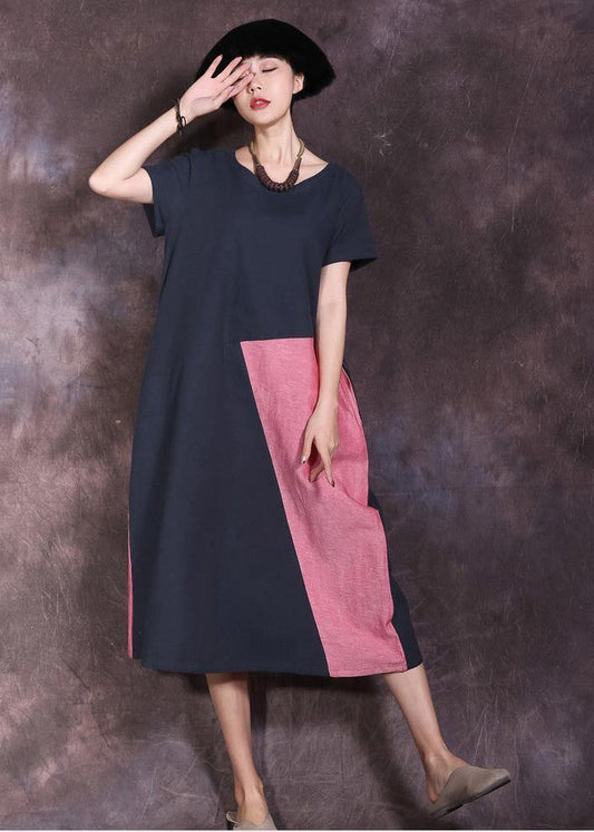 Natural blue o neck linen outfit patchwork color Maxi summer Dresses - SooLinen