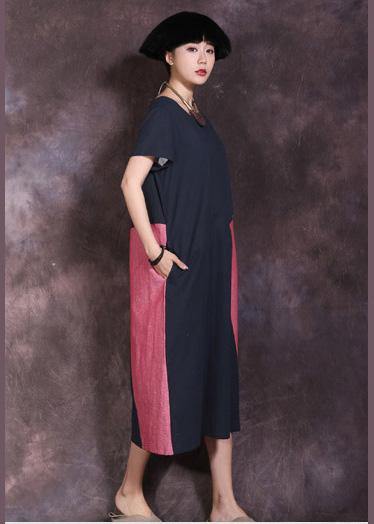 Natural blue o neck linen outfit patchwork color Maxi summer Dresses - SooLinen