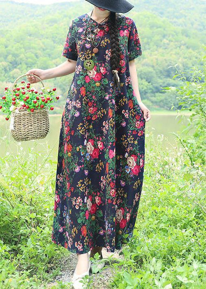 Natural blue prints linen dresses Chinese Button Robe summer Dress - SooLinen