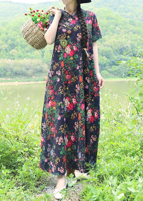 Natural blue prints linen dresses Chinese Button Robe summer Dress - SooLinen