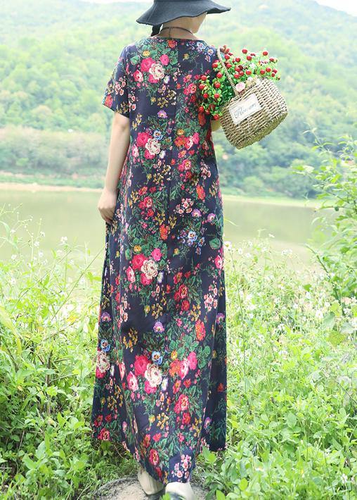 Natural blue prints linen dresses Chinese Button Robe summer Dress - SooLinen