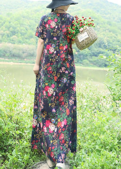 Natural blue prints linen dresses Chinese Button Robe summer Dress - SooLinen