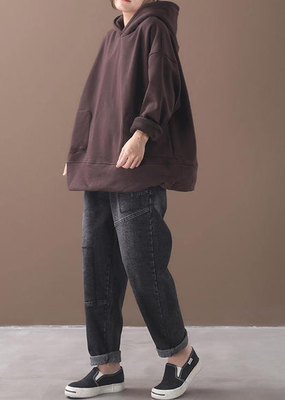 Natural brown cotton crane tops winter tunic hooded top - SooLinen