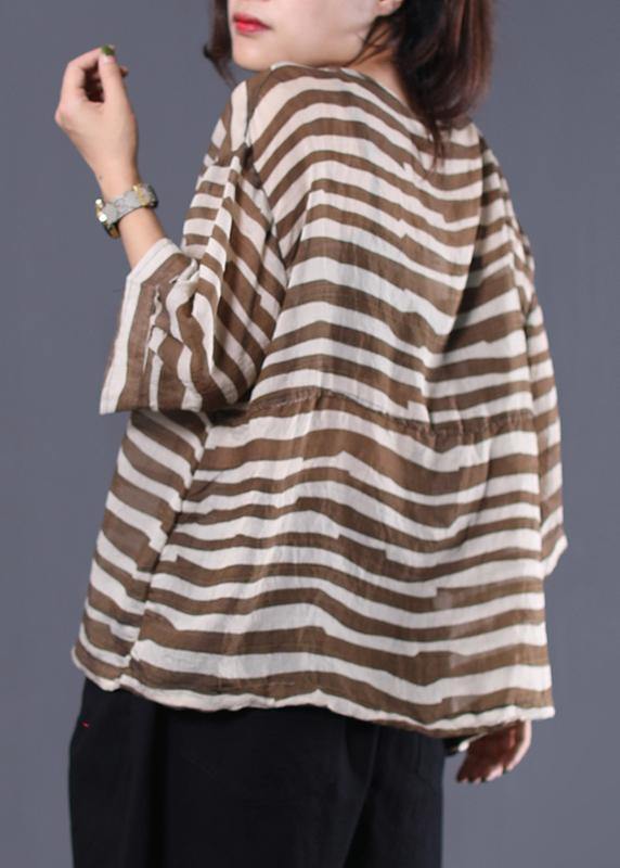 Natural brown striped v neck cotton Long Shirts drawstring hem baggy summer blouses - SooLinen