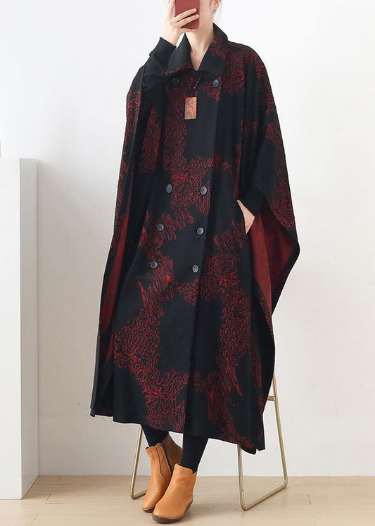 Natural burgundy print Plus Size clothes For Women Notched asymmetric outwears - SooLinen