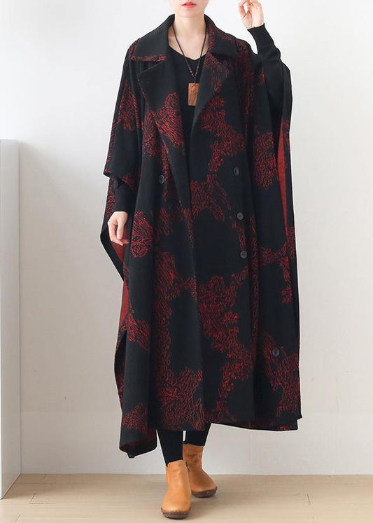 Natural burgundy print Plus Size clothes For Women Notched asymmetric outwears - SooLinen