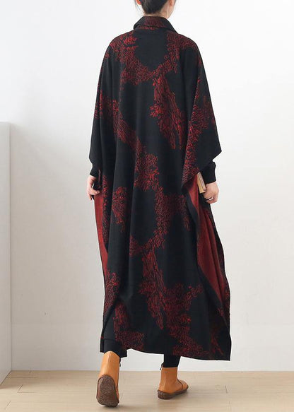 Natural burgundy print Plus Size clothes For Women Notched asymmetric outwears - SooLinen