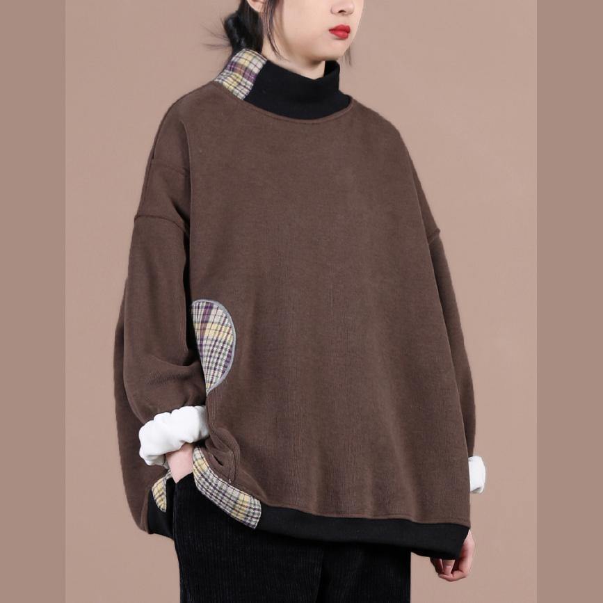Natural chocolate patchwork plaid clothes For Women high neck oversized spring shirt - SooLinen