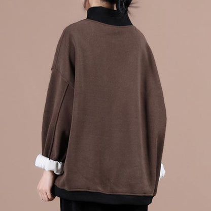 Natural chocolate patchwork plaid clothes For Women high neck oversized spring shirt - SooLinen