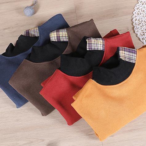 Natural chocolate patchwork plaid clothes For Women high neck oversized spring shirt - SooLinen