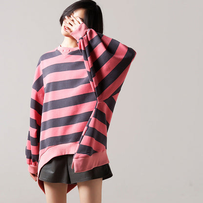 Top-Silhouette aus natürlicher Baumwolle, Bio-O-Ausschnitt, Nähen, rosa gestreift, Plus Size, Frühlingskleidung, Bluse