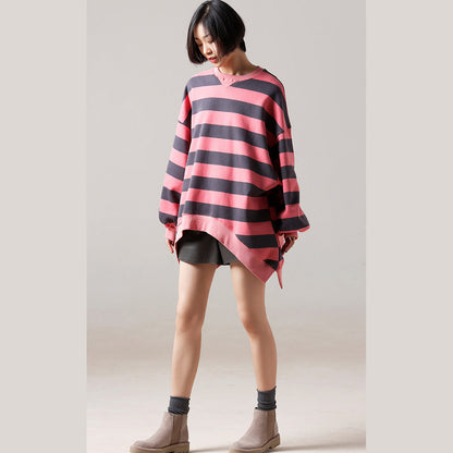 Top-Silhouette aus natürlicher Baumwolle, Bio-O-Ausschnitt, Nähen, rosa gestreift, Plus Size, Frühlingskleidung, Bluse