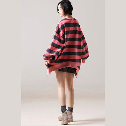 Top-Silhouette aus natürlicher Baumwolle, Bio-O-Ausschnitt, Nähen, rosa gestreift, Plus Size, Frühlingskleidung, Bluse